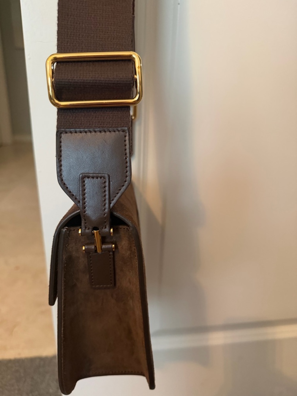 Tom Ford Dark Brown Suede Messenger Bag with Gold-Tone Hardware - Picture 8 of 10